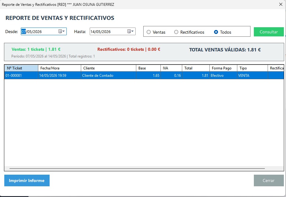 Caja registradora Verifactu - informes y reportes